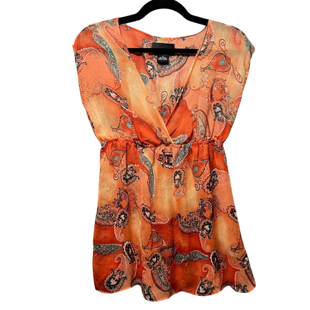 Marianne Paisley Blouse Sheer V-Neck Sleeveless‎ Top Orange Size M Babydoll Boho